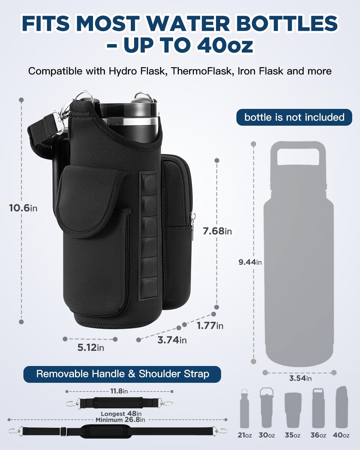 IPOW Magnetic Gym Bag Water Bottle Carrier Holder with Phone Pockets & Shoulder Strap for Men Women,Water Bottle Holder, Gym Pouch, Crossbody Bag for Travel, Sports, Work, Fitness - Black