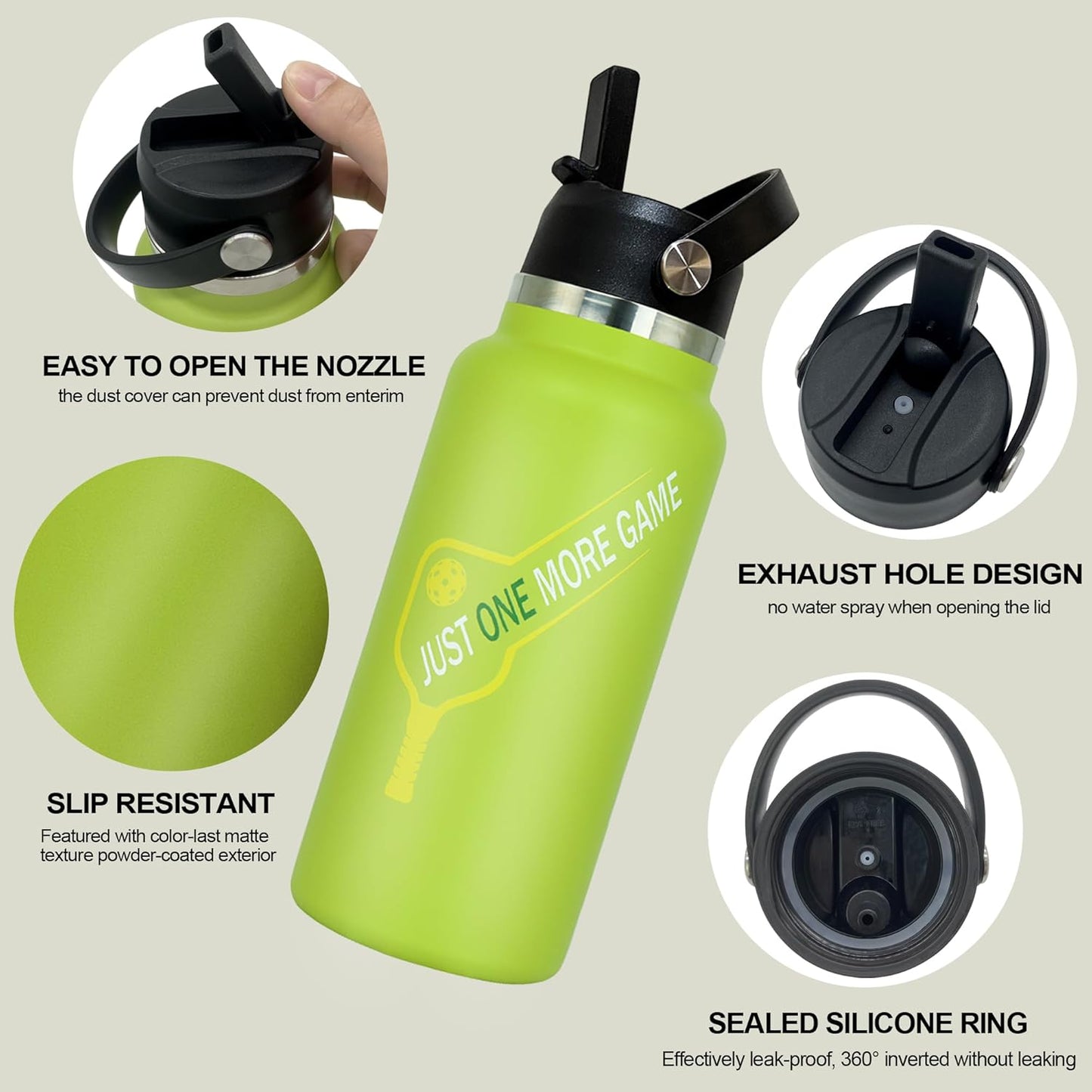 Pickleball Water Bottle 32 oz, Gifts for Pickleball Lovers, Wide Mouth Vacuum Insulated Sports Bottle with 2 Leakproof Lids, Stainless Steel Cup with Straw for Cold Drinks