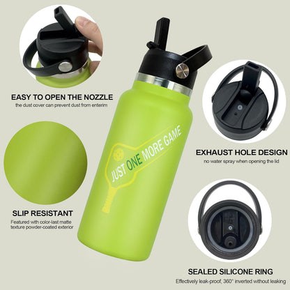 Pickleball Water Bottle 32 oz, Gifts for Pickleball Lovers, Wide Mouth Vacuum Insulated Sports Bottle with 2 Leakproof Lids, Stainless Steel Cup with Straw for Cold Drinks