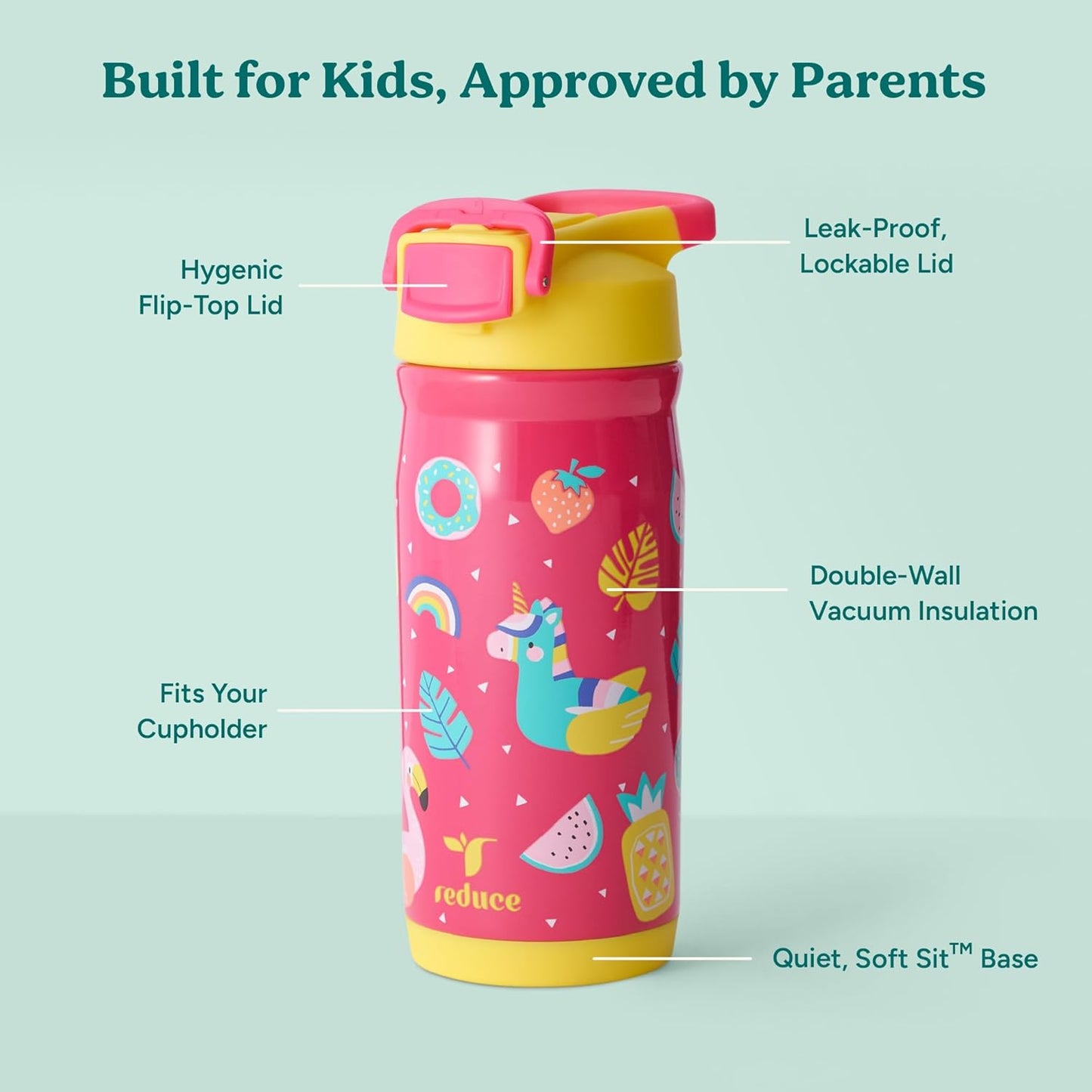 Reduce Hydrate Pro Kids 14oz Stainless Steel Insulated Water Bottle w/Straw – Spill Proof Tumbler for Kids – 30 Hour Cold Retention – Dishwasher Safe Leak-Proof Design - Abstract Flowers