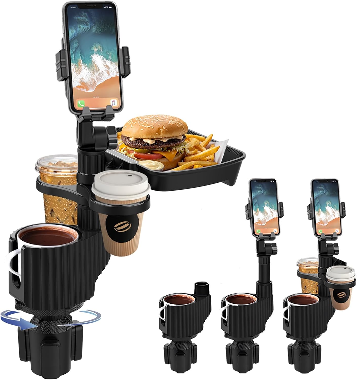 Car Cup Holder Tray - 5 in 1 Adjustable Car Cup Holder Expander with Food Tray Table and Phone Mount for All Purpose, Automotive Essentials for Driver and Front Passenger