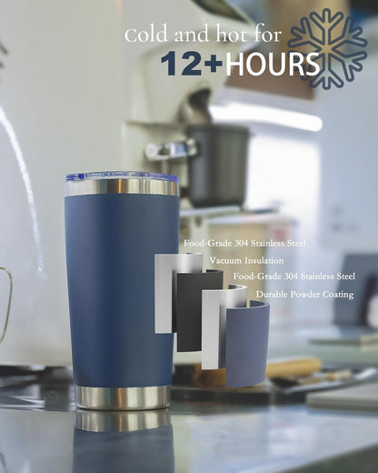 Travel Coffee Tumbler 20oz, Leakproof Travel Coffee Mug with Dual Lids and Straw, Stainless Steel Double Wall Vacuum Insulated Tumbler for Hot/Iced Drinks (Navy Blue, Textured Matte)