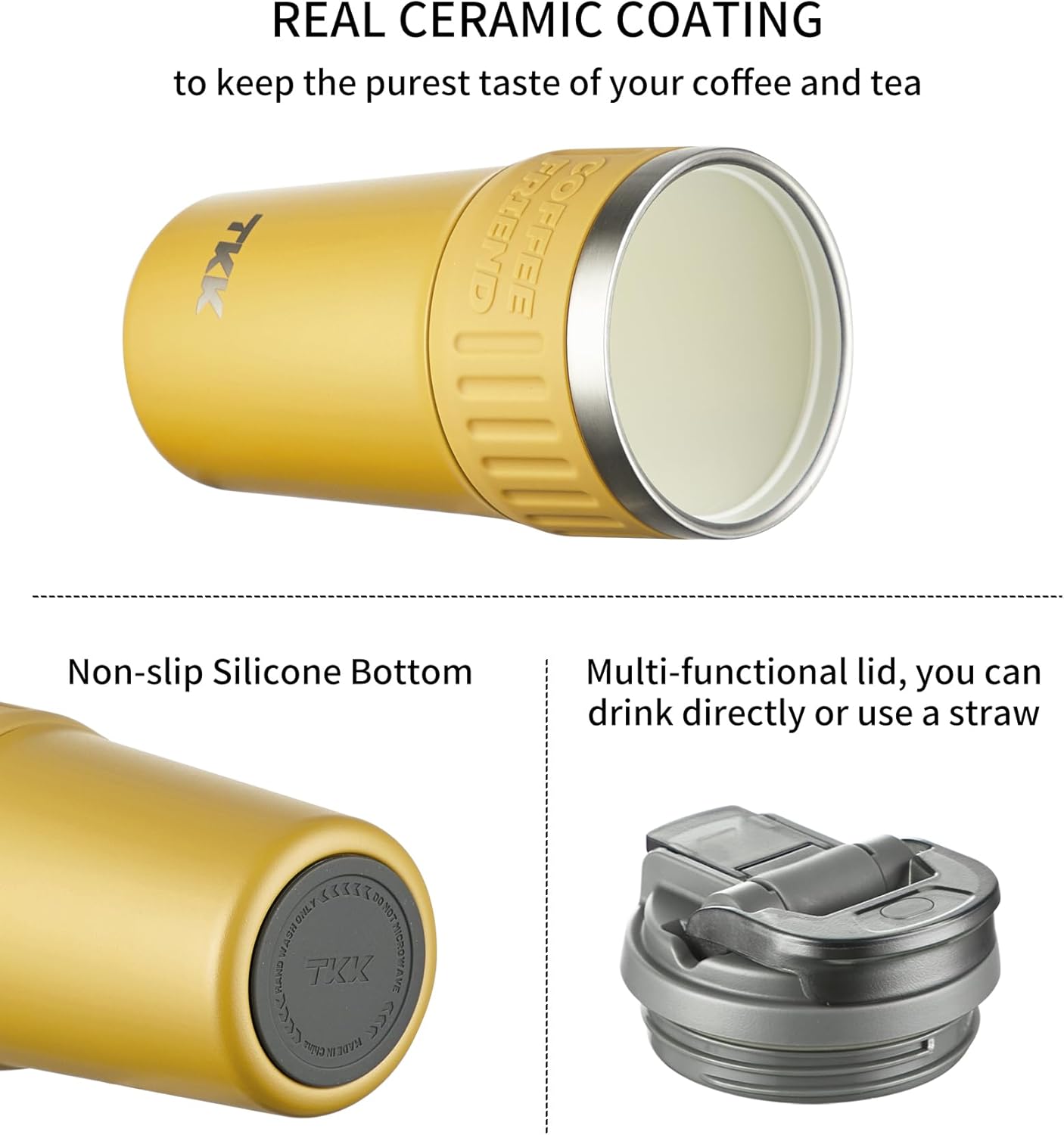 TKK Insulated Coffee Mug with Ceramic Coating, 21oz Iced Coffee Tumbler Cup with Straw Lid Double Wall Vacuum Leak Proof Travel Mug with Strap for Hot and Iced Beverage, Tungsten Steel