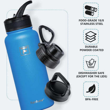 Fanhaw 40 oz Insulated Water Bottle – Stainless Steel Flask with 3 Lids (Straw, Spout, Carabiner) | Durable, Leakproof, for Hiking, Camping, Outdoor Adventures & Travel (Green Blue)