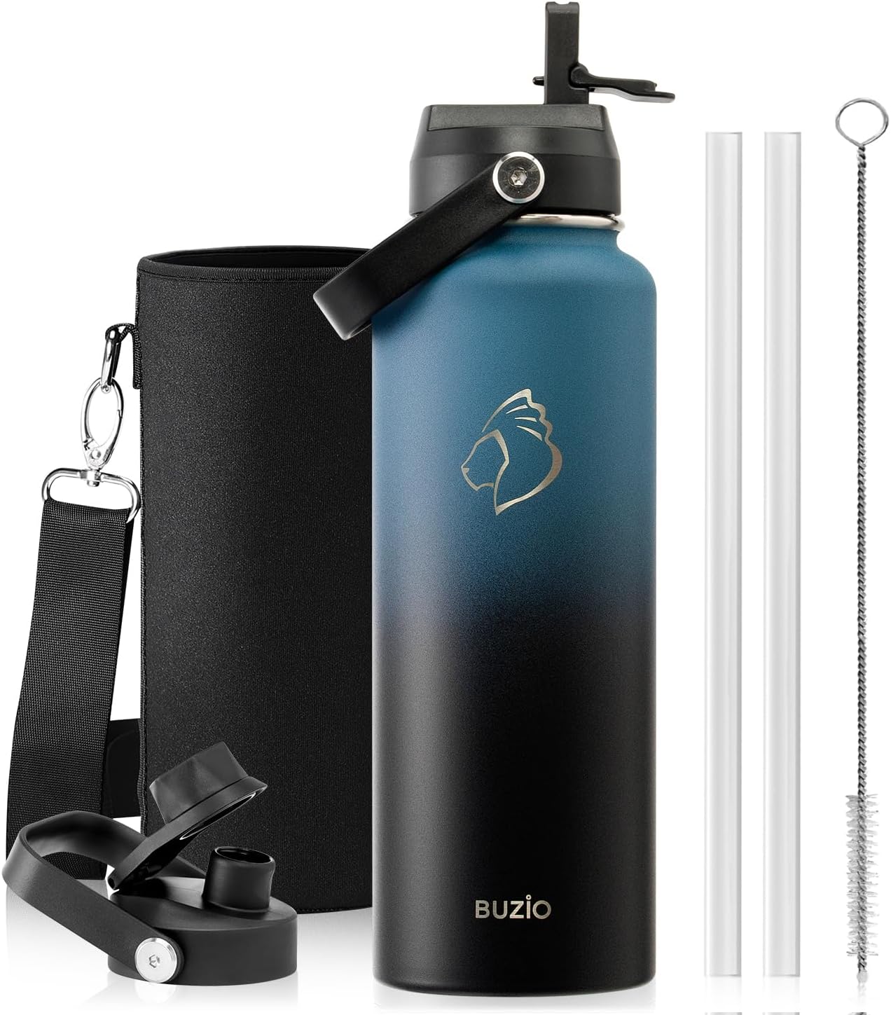 BUZIO 40oz Insulated Water Bottle, Triple Wall Vacuum Stainless Steel Water Flask with 2 lids, Lead-Free BPA-Free Straw Lid Sports Canteen Jug, Cold 48H & Hot 24H- Black - Colors B