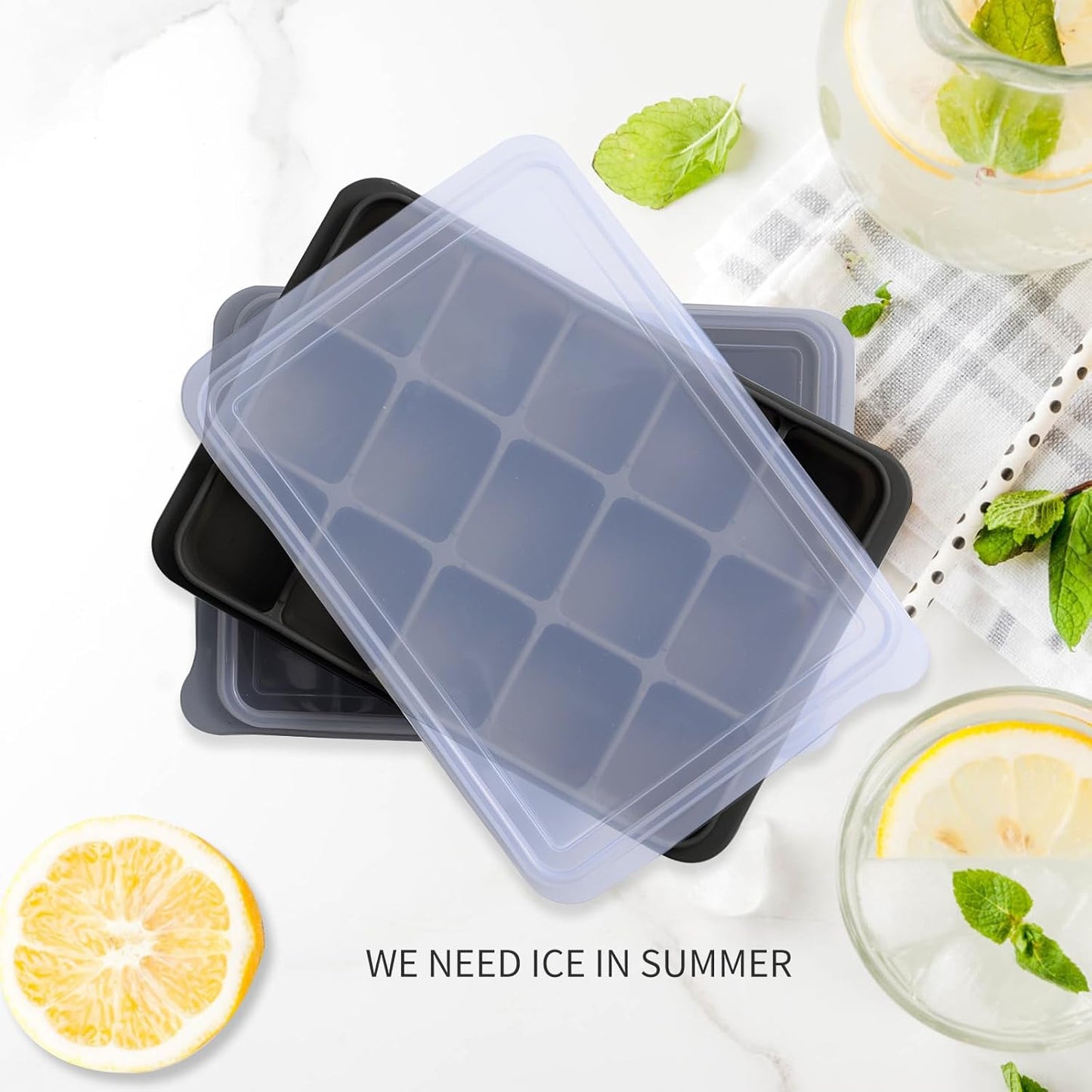 Ice Cube Trays Set of 2, Easy Release 15 Flexible Silicone Ice Cube Molds with Removable Lid Reusable Freezer Ice Trays Stackable for Whiskey, Baby Food, BPA Free (BAMBOO GREEN)
