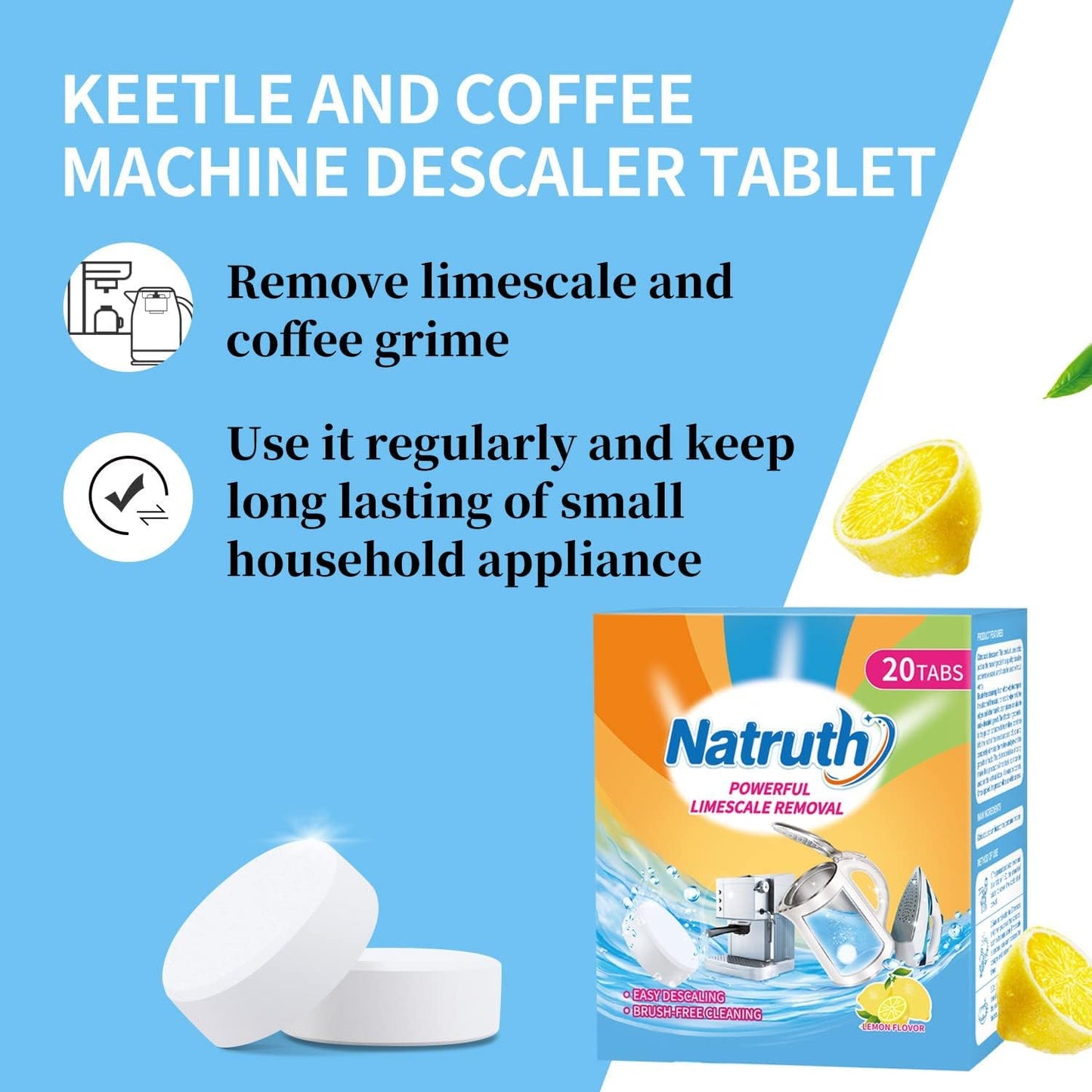 NATRUTH 20 Packs Powerful Limescale Removal,Efficient Water Bottle Cleaning Tablets,Odor-Free KETTLE & Coffee Cup Cleaner Tablets,Descaler for Coffee Machine,Natural Stainless Steel Cup Cleaners