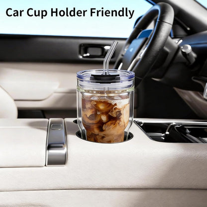 BLUEPOLAR Double Walled Glass Espresso Cups, Insulated Coffee Mug with Straw and Lid - 12oz/350ml Reusable Tumbler for Hot/Cold Drinks, Smoothie, Latte, Matcha, Car & Travel
