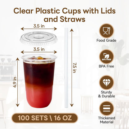 Vplus 100 Pack 12 oz Iced Coffee Cups with Lids, Disposable Plastic Cups with Lids and Straws for Cold Beverages, Juice, Milkshakes, Coffee Shops, Parties and Daily Use