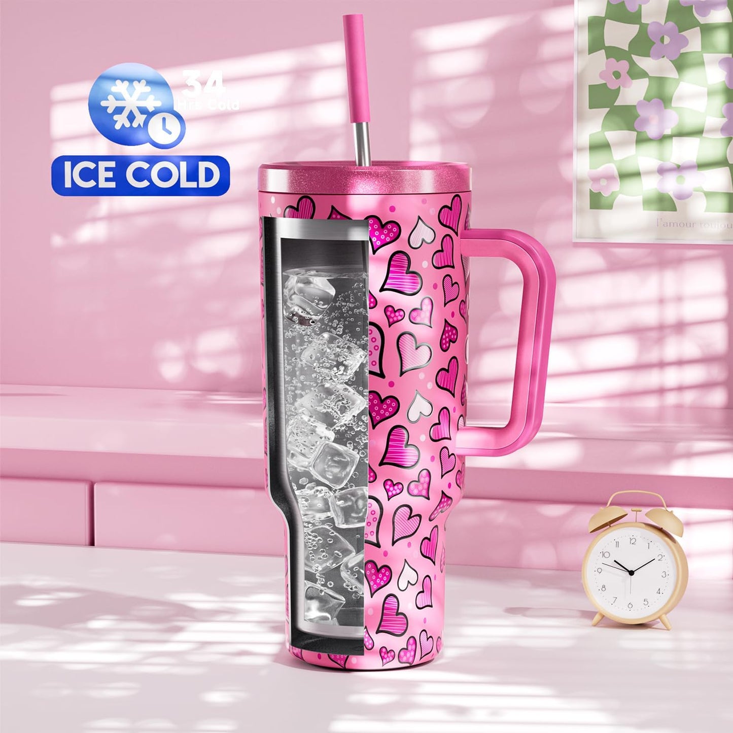 Meoky 40 oz Tumbler with Handle and Straw: Stainless Steel Insulated Tumbler with Lid and Straw - 100% Leak Proof Tumbler for Car Cup Holders - Travelers Commuters Workers, Donut