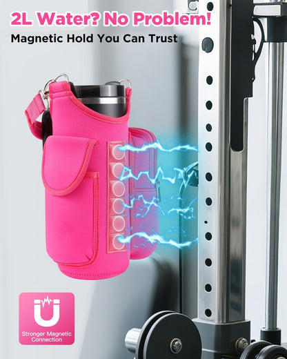 IPOW Magnetic Gym Bag Water Bottle Carrier Holder with Phone Pockets & Shoulder Strap for Men Women,Water Bottle Holder, Gym Pouch, Crossbody Bag for Travel, Sports, Work, Fitness - Black