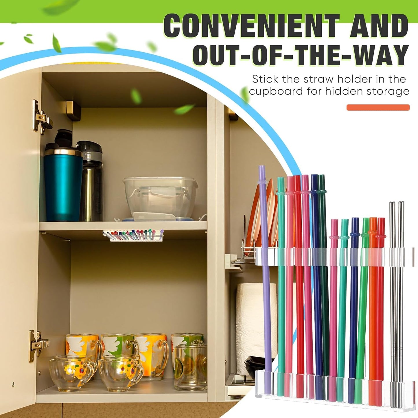 Baderke Straw Holder for Cabinet Reusable Straw Organizer with Double Sided Adhesive Tape Screws Storage Container for Kitchen Counter Cupboard(White,Classic)