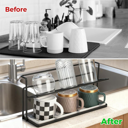 Water Bottle 2 Tier Water Bottle Drying Rack with Drain Tray, Space Saving Metal Cup Holder for Countertop, Compact Kitchen Organizer for Tumblers, Glasses, Mugs and Bottles (Black)