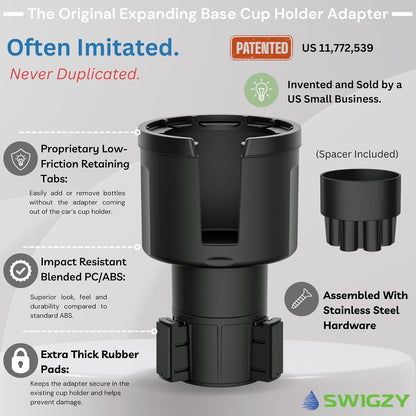 Swigzy Car Cup Holder Expander Adapter for Large Water Bottles - [Patented & Upgraded] - Holds: Hydro-Flask, Yeti, Nalgene, Owala, 32-40oz - Adjustable Expandable Insert Extender - Universal