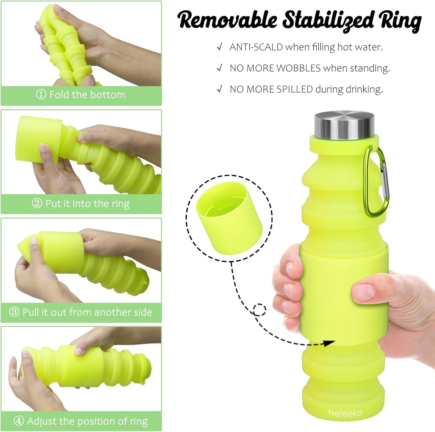 Nefeeko Collapsible Water Bottle, Reuseable BPA Free Silicone Foldable Water Bottles for Travel Gym Camping Hiking, Portable Leak Proof Sports Water Bottle with Carabiner