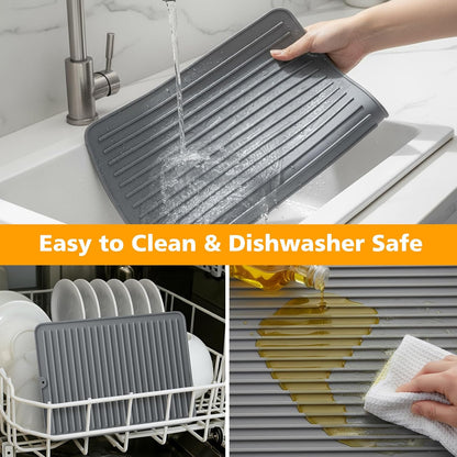 Songrey 12" x 6.5" Silicone Dish Drying Mat, Kitchen Counter Drying Pad for Sink Dishes or Under Rack, Multi-Use as Heat Resistant Trivet, Coffee Bar Mat