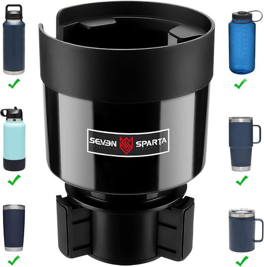 Seven Sparta Car Cup Holder Expander with Offset Adjustable Base, Compatible with Hydro Flasks 32/40 Ounce, Compatible with Yeti Ramblers 20/26/30 Ounce, Other Bottles in 3.4"-3.8" (Black)