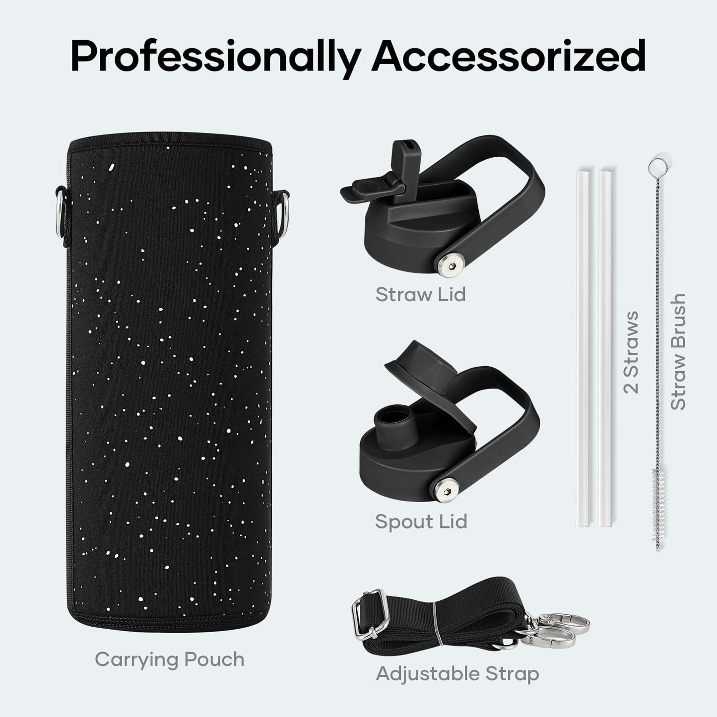 BUZIO 40oz Insulated Water Bottle, Triple Wall Vacuum Stainless Steel Water Flask with 2 lids, Lead-Free BPA-Free Straw Lid Sports Canteen Jug, Cold 48H & Hot 24H- Black - Colors A