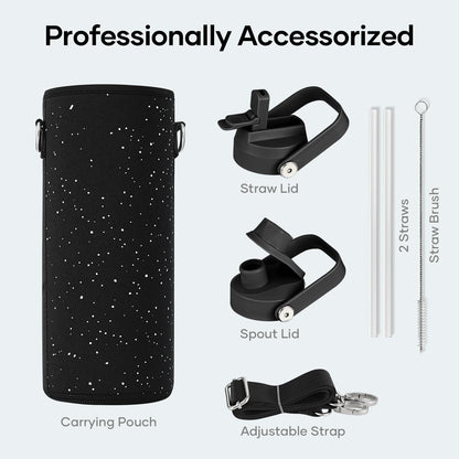 BUZIO 40oz Insulated Water Bottle, Triple Wall Vacuum Stainless Steel Water Flask with 2 lids, Lead-Free BPA-Free Straw Lid Sports Canteen Jug, Cold 48H & Hot 24H- Black - Colors A