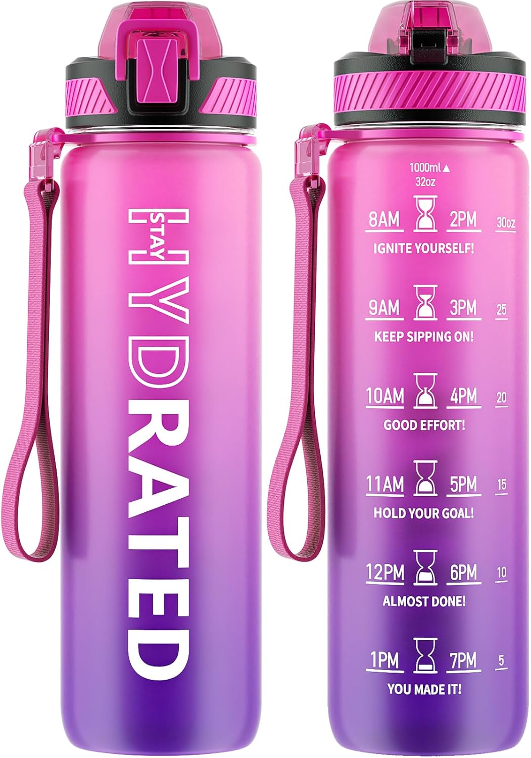 QLUR Water Bottle with Straw, 32oz Motivational Water Bottles with Time Marker to Drink, Tritan BPA Free, 1L Sports Water Bottle with Carry Strap LeakProof for Women Gym Fitness Outdoor (1 Pack)