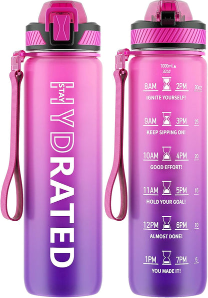 QLUR Water Bottle with Straw, 32oz Motivational Water Bottles with Time Marker to Drink, Tritan BPA Free, 1L Sports Water Bottle with Carry Strap LeakProof for Women Gym Fitness Outdoor (1 Pack)
