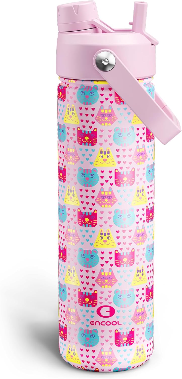 ENCOOL Insulated Water Bottle with Straw Stainless Steel Water Bottle, Leak-Proof, BPA-Free, Double Wall Vacuum Keeps Cold for 24 Hours for Sports, Travel, School (26 oz, Cotton Candy) - Colors D
