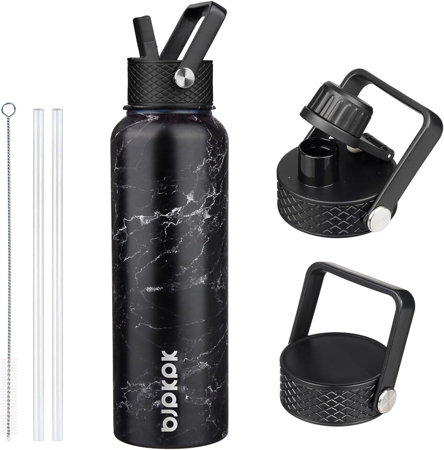 BJPKPK Insulated Water Bottles with Straw Lid, 40oz Stainless Steel Water Bottles with 3 Lids, BPA Free Leakproof Thermo, Tumblers, Cups for Sports, Gym- Midnight - Colors A