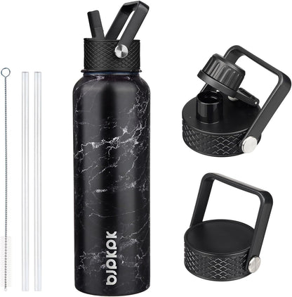 BJPKPK Insulated Water Bottles with Straw Lid, 40oz Stainless Steel Water Bottles with 3 Lids, BPA Free Leakproof Thermo, Tumblers, Cups for Sports, Gym- Midnight - Colors A