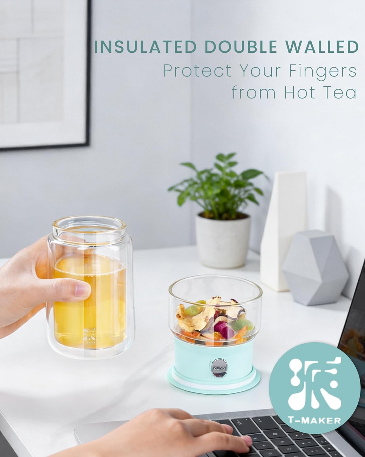 ZENS Modern Glass Infuser Teapot, One Touch Tea Maker for Loose Leaf Tea with Insulated Mug and Portable Case. Enchanted Pot Alternatives for Tea Lover Gifts
