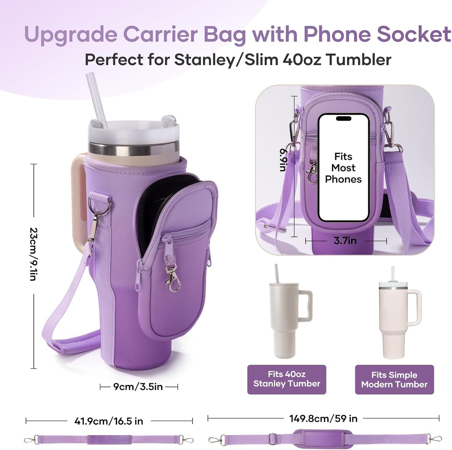 linmaya Water Bottle Carrier Bag for Stanley Cup 40/30oz with Phone Holder Pockets,Neoprene Water Bottle Cross-body Bag with Adjustable Shoulder & Hand Strap Stanley Cup Accessories