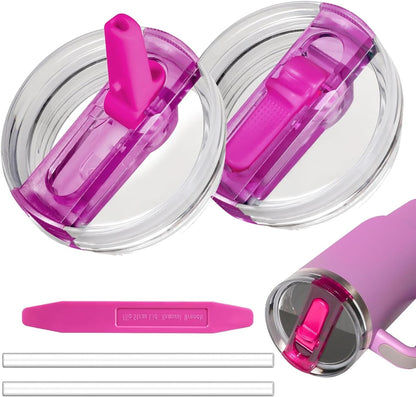 2 Pack 40 oz Tumbler Flip Straw Lid for Stanley Quencher ProTour Leak Proof Lid Replacement for Stanley H2.0 Quencher, Spill Proof Reusable Lid for Stanley Cup Accessories (Purple & Purple, 40 oz)