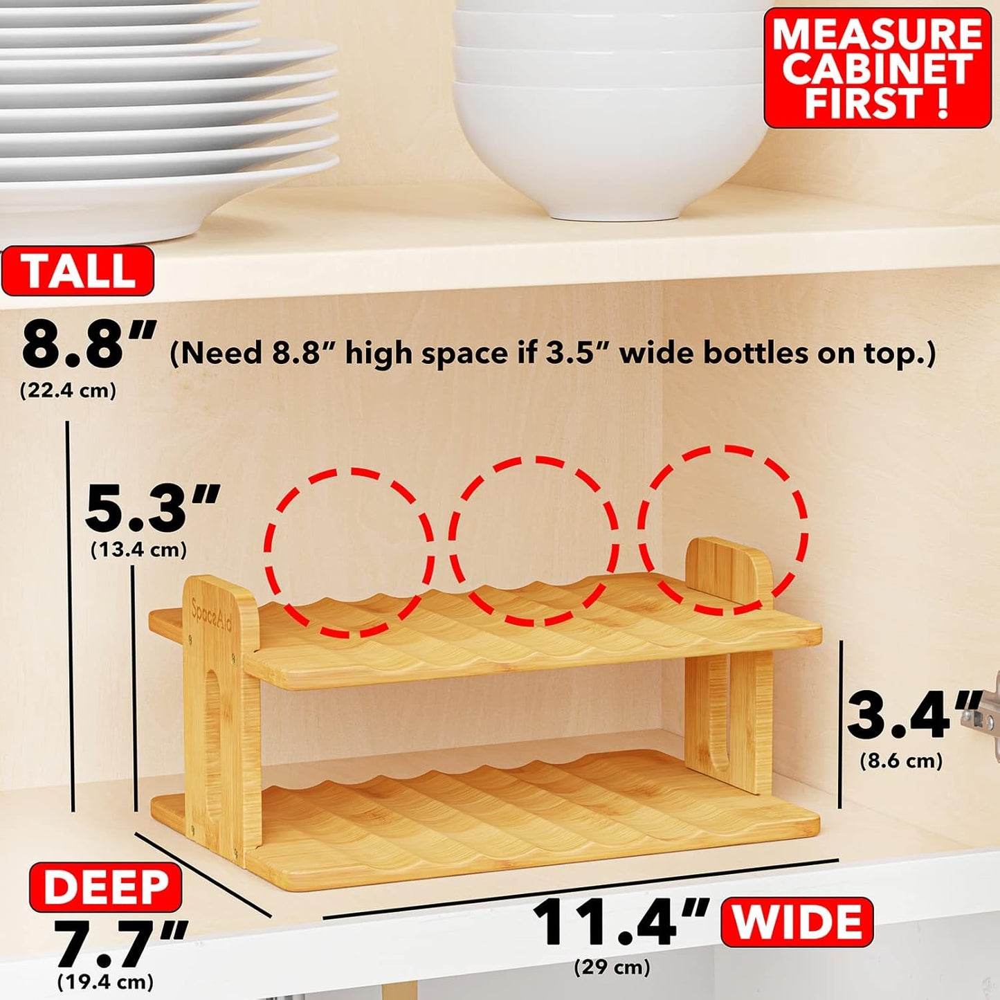SpaceAid Bamboo Water Bottle Organizer with Labels, Kitchen Pantry Water Bottle Storage Rack for Cabinets, Home Cup and Wine Bottle Holder Shelf Organizers, (3-Tier, Hold 9 Bottles)