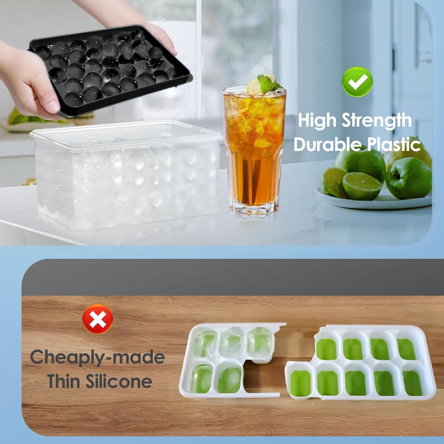 WIBIMEN Ice Cube Tray with Lid and Bin - Round Ice Trays for Freezer with Lid - Ice Cube Trays for Freezer with Ice Container (1"-2PACK Blue)