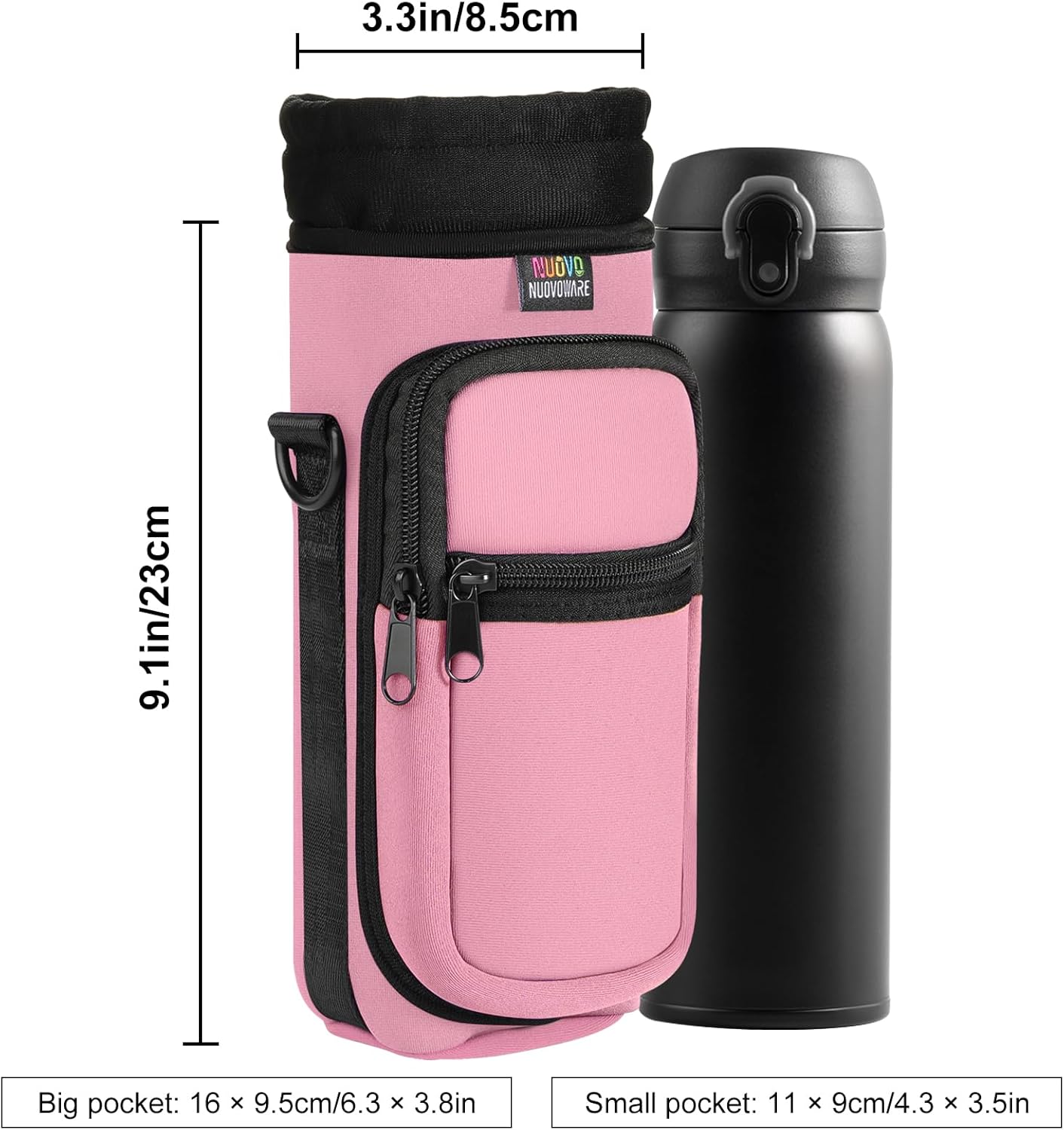Nuovoware Water Bottle Carrier Bag,25oz/40oz/64oz Bottle Pouch Holder,Adjustable Shoulder Hand Strap 2 Pocket Sling Neoprene Sleeve Sports Accessories for Hiking Travelling Camping