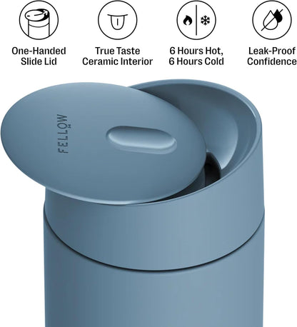Fellow 16 oz Carter Slide Ceramic Lined Coffee Travel Mug – One-Handed Slide Lid, Vacuum Insulated Stainless Steel, Leak-Proof, Hot 6 Hours Cold 6 Hours, BPA-Free, Dishwasher Safe, Hazy Blue