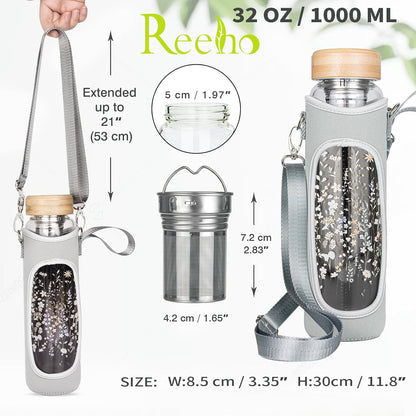 32oz Borosilicate Glass Water Bottle with Tea Infuser, Tea Tumbler with Strainer, Reusable Travel Mug with Sleeve & 2 Lids, Glass Drinking Bottle for Hot or Cold Drinks