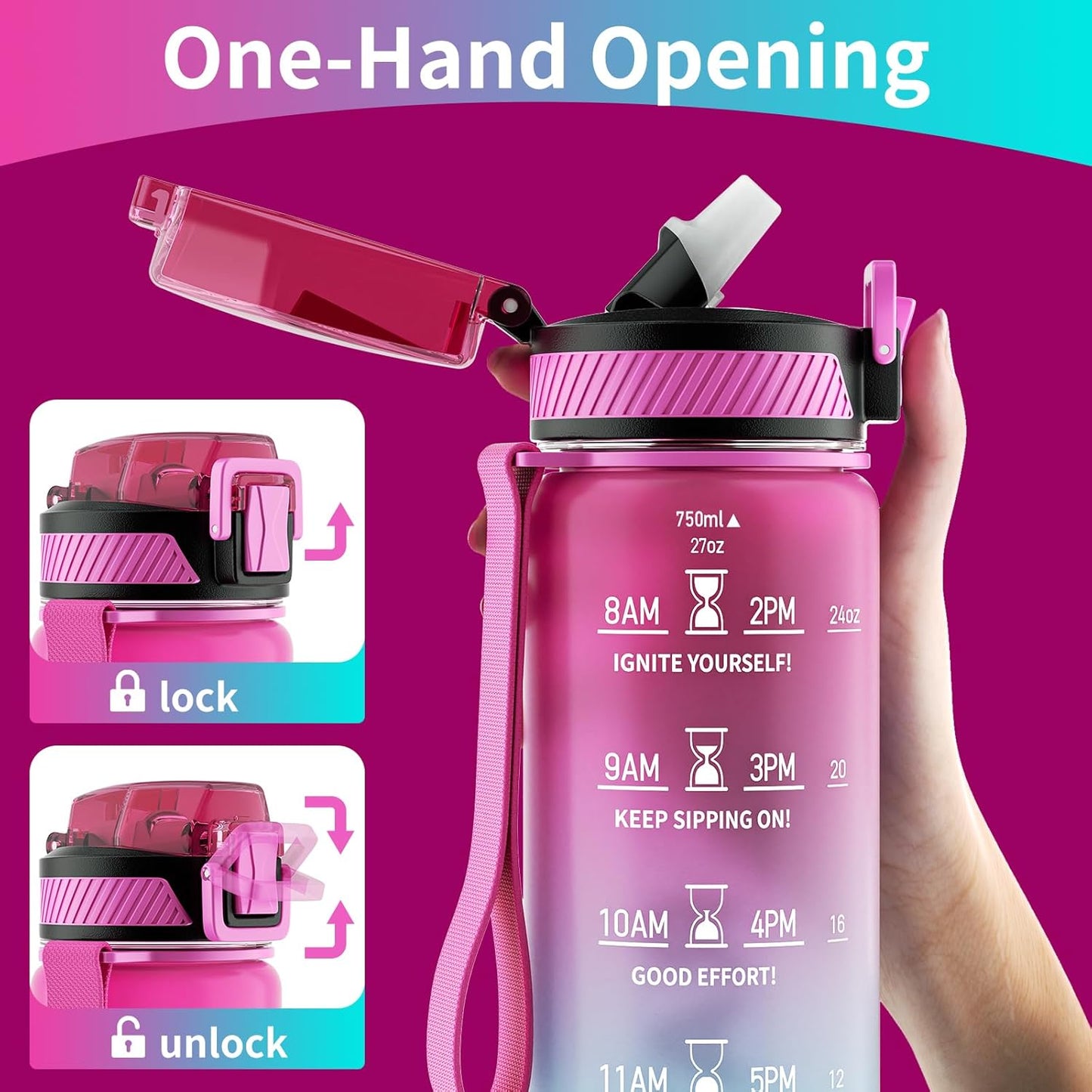 QLUR Water Bottle with Straw, 32oz Motivational Water Bottles with Time Marker to Drink, Tritan BPA Free, 1L Sports Water Bottle with Carry Strap LeakProof for Women Gym Fitness Outdoor (1 Pack)