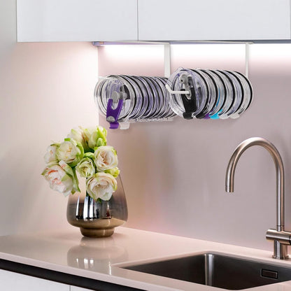Tumbler Lid Organizer, Horizontal Tumbler Lid Storage Hook Up to 10 Lids, Space Saving Cup Lid Holders Under Cabinet Tumbler Lid Hook for Kitchen Organizer and Storage,Hanging Paper Towel Rack Hanger