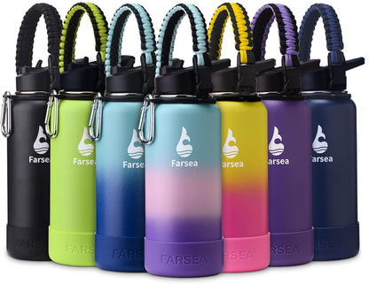 Farsea Insulated Water Bottle With Paracord Handle, Protective Silicone Boot and 2 Lids (Straw Lid & Spout Lid), Stainless Steel Water Bottle Wide Mouth, Double Wall Sweat-Proof BPA-Free, 24 oz