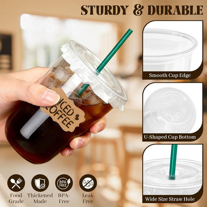 25 Sets 16 oz Clear Plastic Cups with Lids and Straws, Disposable Iced Coffee Cups for Cold Beverages, Smoothies, Bubble Tea, Includes Leak-Proof Paper and Stickers