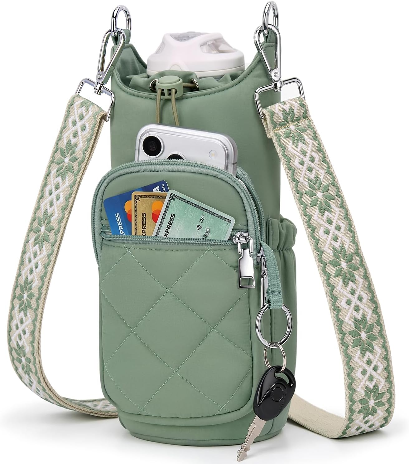 Crossbody Water Bottle Bag for Women, Lightweight Insulated Water Bottle Carrier with Phone Pocket, Secure &Hands-Free for Walking, Travel, Outdoor (Up to 40oz) Antique Green