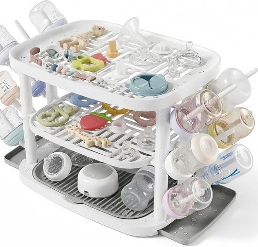 Baby Bottle Drying Rack,3-Tier Large Capacity Countertop Organizer with 360° Ventilation, Removable Drip Tray, Non-Slip Base – Easy to Clean Bottle Holder for Baby Accessories