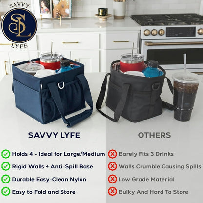 Reusable Drink Carrier with Handle – Tip-Resistant 4 Cup Carrier with Shoulder Strap for Delivery – Insulated, Foldable, Adjustable Dividers – Portable Caddy Tote Bag, Drink Holder for Car