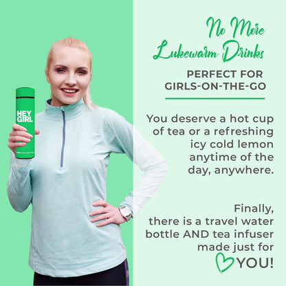 Hey Girl Tea Infuser Bottle 450ml - Insulated Stainless Steel Water Bottle - Tea Tumbler with Tea Diffuser - Portable Travel Mug for Loose Leaf Tea & Infused Water - Tea Lovers Gifts for Women (Pink)