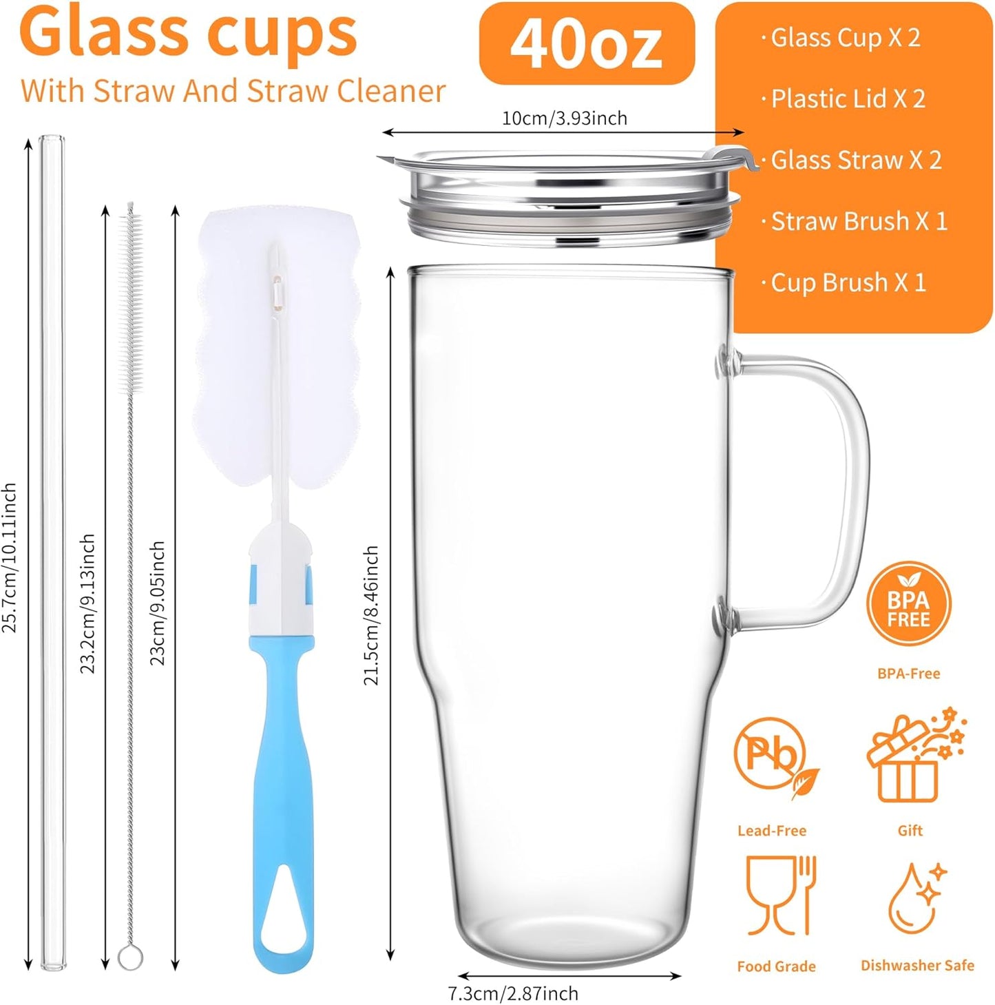 2Pack 40OZ Glass Tumbler with Handle,Glass Cup with Lid and Straw,Reusable Glass Iced Coffee Cup for Beer, Smoothies, Juice,Hot/Cold Drinks-Suitable for Birthday,Wedding