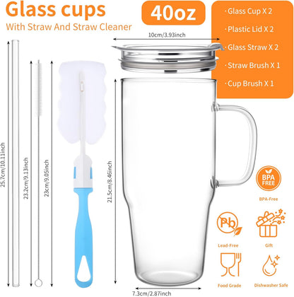 2Pack 40OZ Glass Tumbler with Handle,Glass Cup with Lid and Straw,Reusable Glass Iced Coffee Cup for Beer, Smoothies, Juice,Hot/Cold Drinks-Suitable for Birthday,Wedding