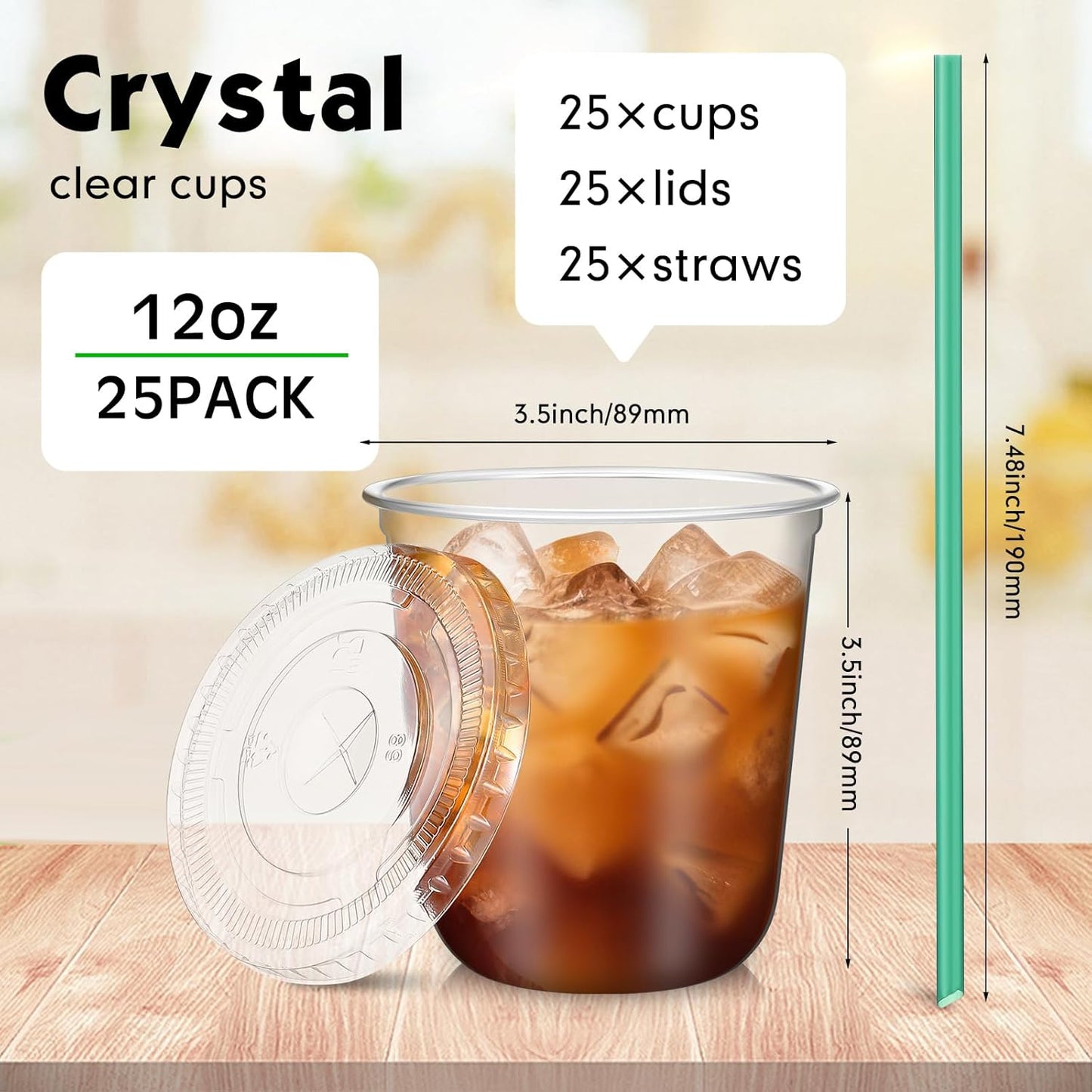 Baderke 25 Set Plastic Cups with Lids and Straws, Disposable Plastic Iced Coffee Cup for Cold Beverage Juice Smoothie Crystal for Coffee Shops Party Catering(Clear,16 oz)