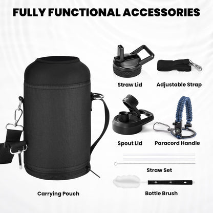 RAYMYLO One Gallon Water Bottle Insulated, Triple Walled Vacuum Stainless Steel (Cold for 48 Hrs), Leak Proof & Non-BPA, Large Water Flask Jug with Paracord Handle & Straw Spout Lids