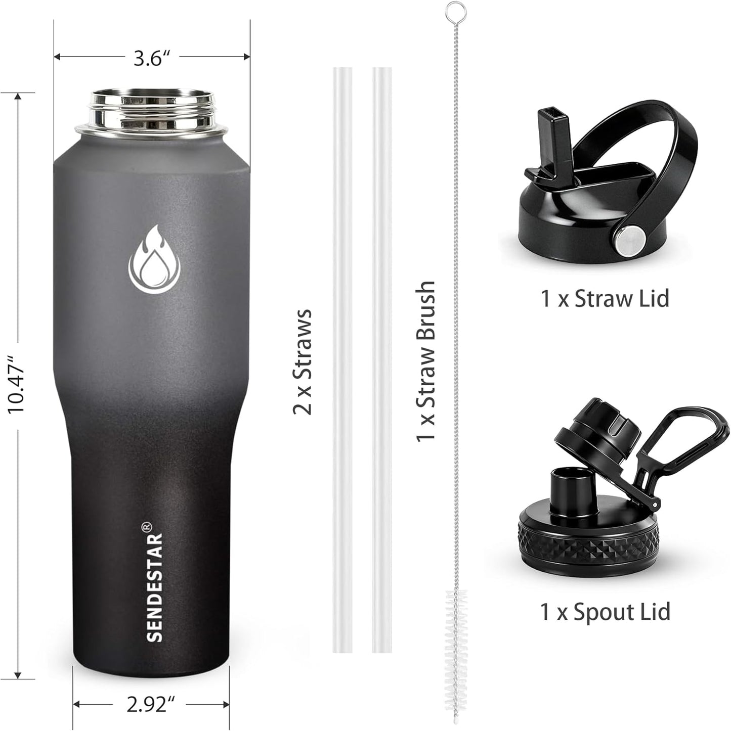 SENDESTAR 40oz Water Bottle Wide Mouth Stainless Steel Vacuum Insulated Double Wall with Straw Lids Fit in Any Car Cup Holder