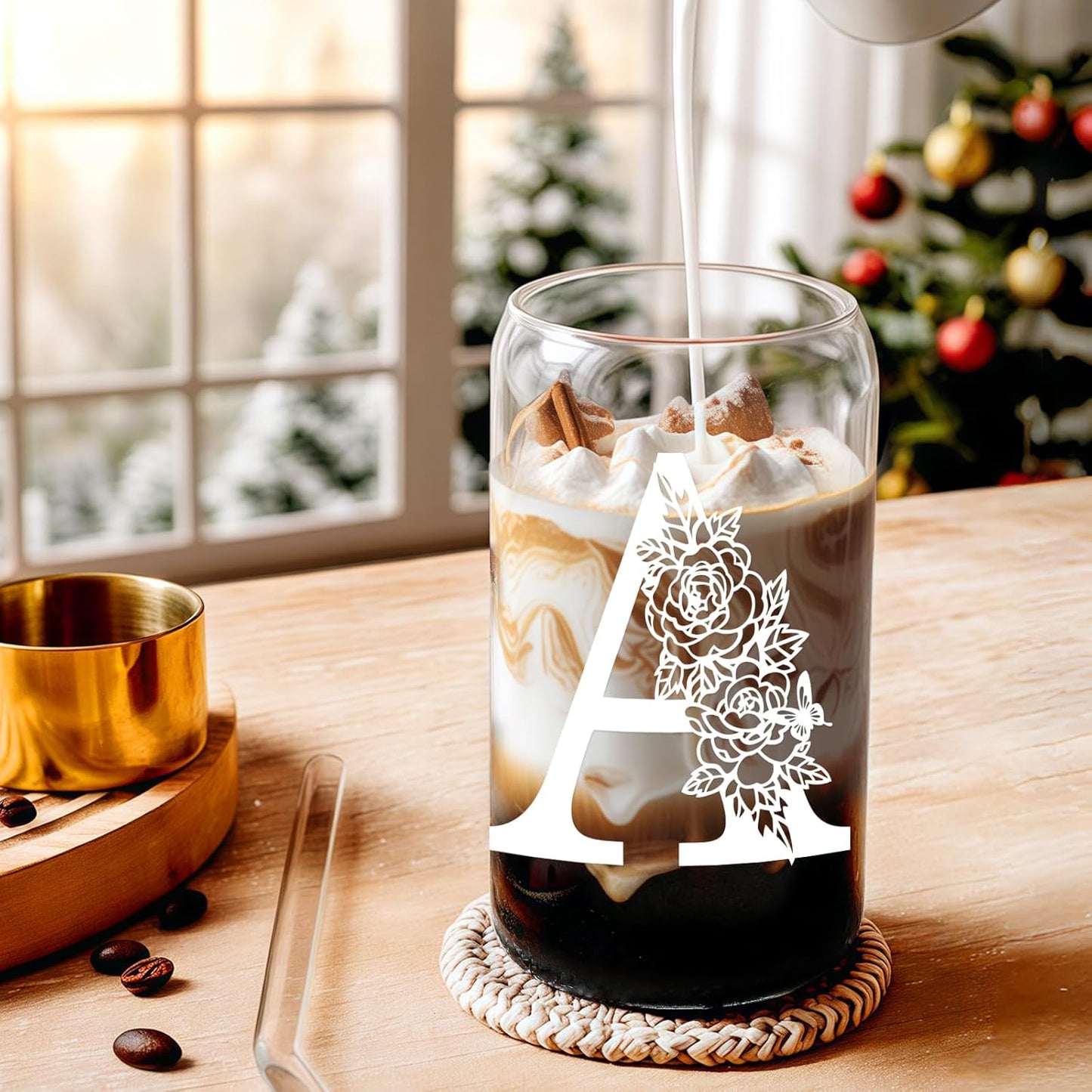 Glass Cups with Lids and Straws: Personalized Initial Glass Cup Be Used As Reusable Iced Coffee Cups with Lids,Cute Matcha Tumbler - The Christmas/Birthday Gifts for Women - M Smoothie Cup